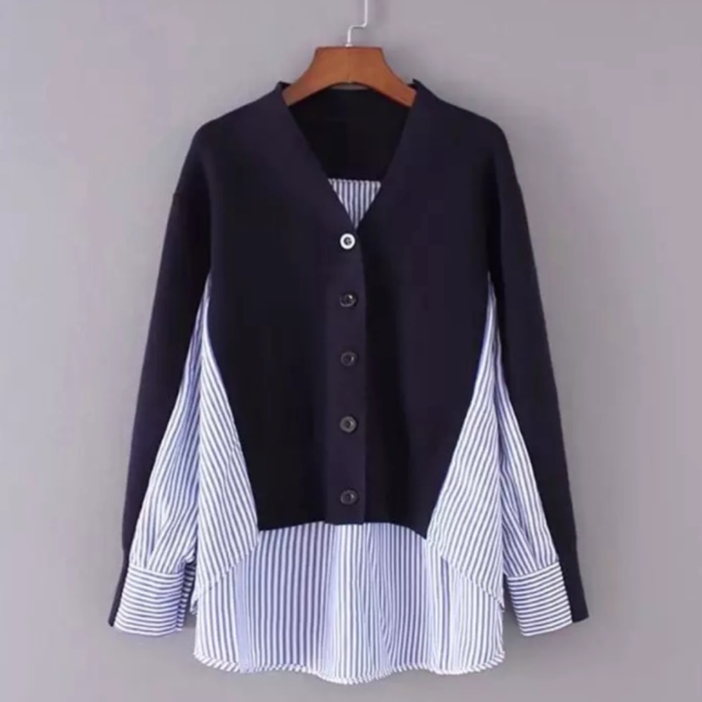 Navy knit fall shirt & cardigan sweater combo top
